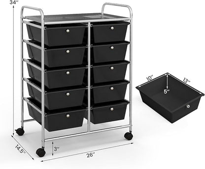 Giantex 10 Drawers Rolling Cart, Classroom Organizers, Storage Cart with Wheels, for Teacher Office Home School Supplies Tool Craft Art Paper, Black