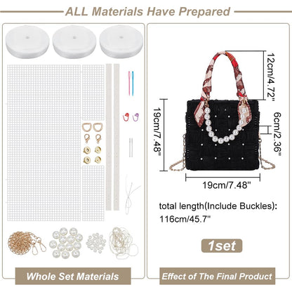 WADORN DIY Knitting Crochet Handbag Kits, Handmade Woven Bag Making Cross Stitch Mesh Plastic Canvas Sheets Set Hand-Knit Craft Shoulder Bags Needlepoint Kit with Ribbon Materials, Black