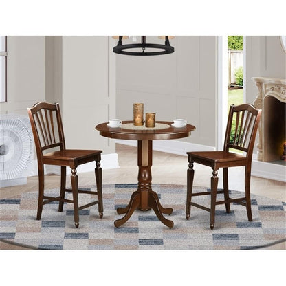 East West Furniture JACH3-MAH-W 3 Piece Counter Height Dining Table Set Contains a Round Wooden Table with Pedestal and 2 Kitchen Dining Chairs, 36x36 Inch, Mahogany
