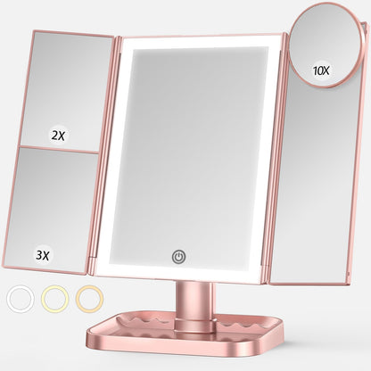 Wireless Rechargeable Lighted Makeup Mirror with 3 Color Lighting, 2000mAh Rechargeable Battery, 10x 3X 2X Magnification, 24 LED, 360 Degree Rotation, Gift for Woman (White)