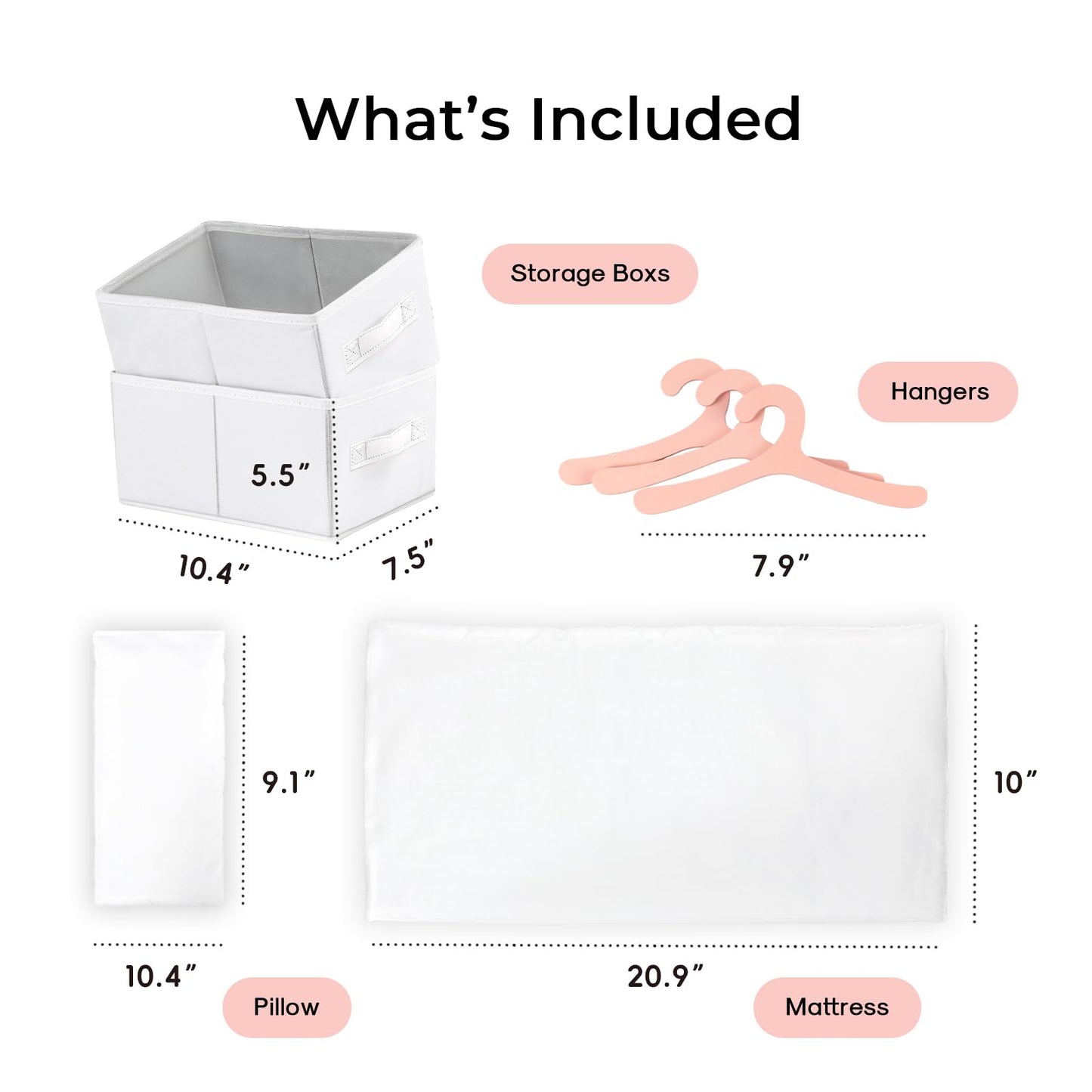 OOOK Baby Doll Crib, Wooden Baby Doll Bed and Changing Table, Dollhouse Furniture with Two Storage Box, Bedding and Coat Hangers, Nursery Playset Suitable for Dolls Under 22 Inches, Pink