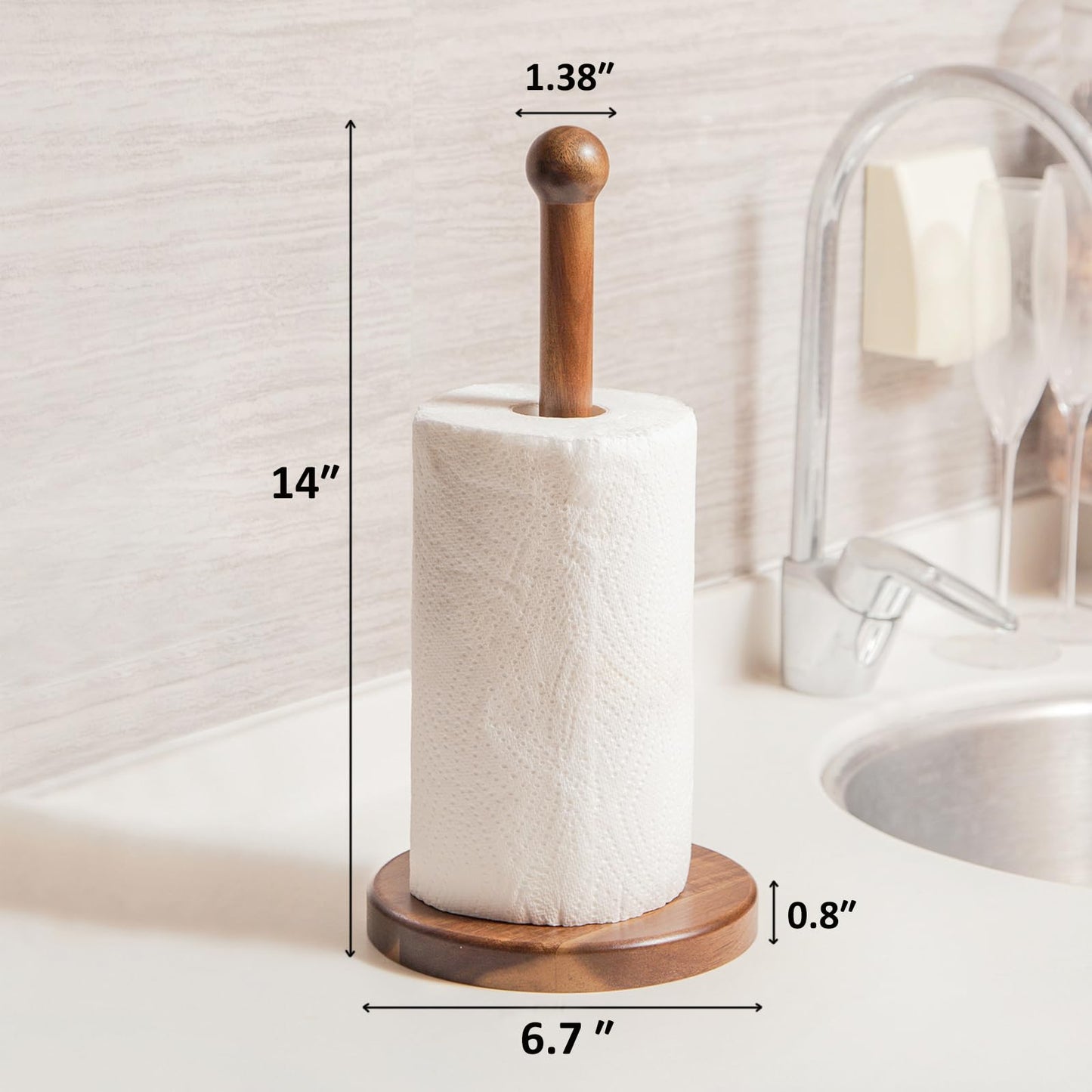 14" Acacia Wooden Paper Towel Holder, Wooden Paper Towel Roll Stand 6.7" Large Heavy Base Organizer Standing, Rustic Farmhouse Paper Towel Holder Stand, Paper Towel Roll Holders Free Standing SGL