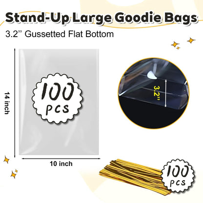 PigPotParty Cellophane Bags 10x14 Inch, 100 Pack Clear Plastic Gift Bags with Bottom Gusset for Stand-Up Display, Medium Cello Wrap for Large Goodies, Treats, Party Favors, Mugs, Includes 100 Ties