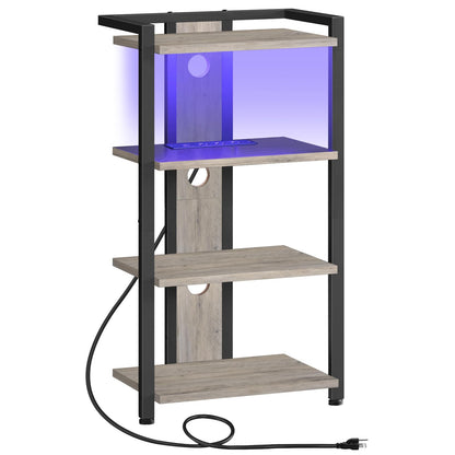 HOOBRO 4-Tier AV Media Stand, Media Console with Charging Station and LED Light, Wooden Stereo Cabinet, Corner TV Stand, Record Player, Entertainment Device Stand, BG38UDCJ01