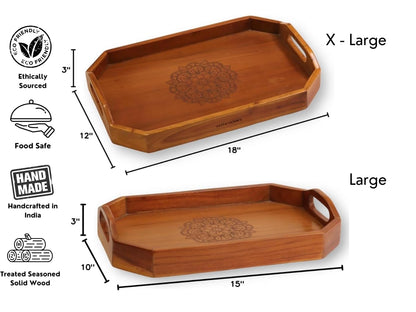 Vesta Homes Set of 2 Zak Acacia Wood Rectangular Serving Tray for Home/Kitchen/Restaurant/Office Organizer/Dining Table|Premium Wooden Trays|48 X 33 ; 40 x 27 cm | Handcrafted in India