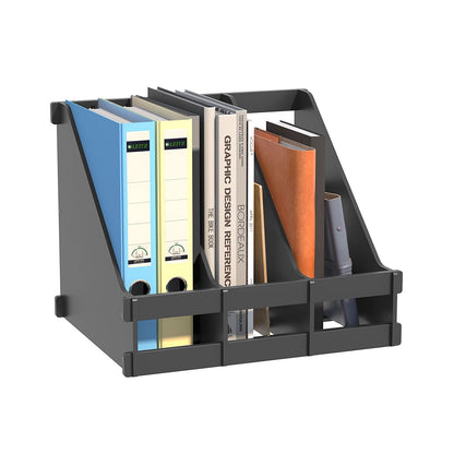 Bamboo Desktop Magazine Holder Desk File Organizer 3 Compartments Vertical File Dividers Book Holder Frames Document Cabinet Rack Storage Organizer Box for Home Office School Black (Black)