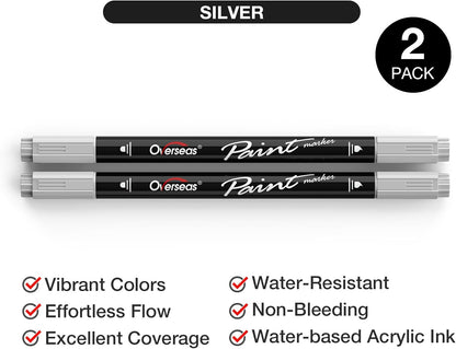 Overseas Silver Acrylic Paint Markers, 2 Pack Dual Tip Paint Pens Acrylic Markers with Dot and Brush Tip, No Bleeding Coloring Marker for Wood, Rock, Canvas, Glass, Metal, Ceramic, Plastic, Fabric