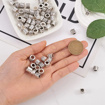 Cheriswelry 100Pcs Alloy Large Hole Spacer Beads Tibetan Column Beads Antique Silver European Beads Metal Spacers 8-10mm for Hair Crafts DIY Snake Chain Bracelet Jewelry Making Supplies