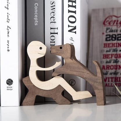 FHTDW Unique Gift Hand Carved Wooden Man and Dog Statue, Wood Human Dog Figurine Sculpture Home Office Décor, Remember Friendship Between Dog and People (Relaxing Man and Dog)