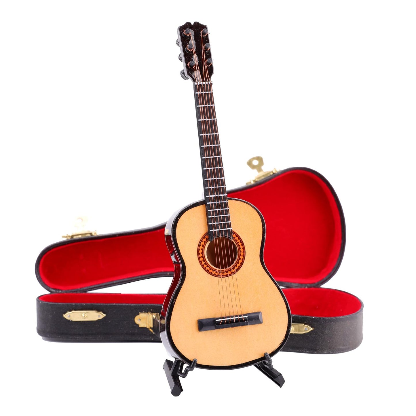 Dselvgvu Wooden Miniature Guitar with Stand and Case Mini Musical Instrument Guitar Replica Collectible Figurines Dollhouse Accessories Model Home Decoration Display Ornament (7.87"x2.87"x0.94")