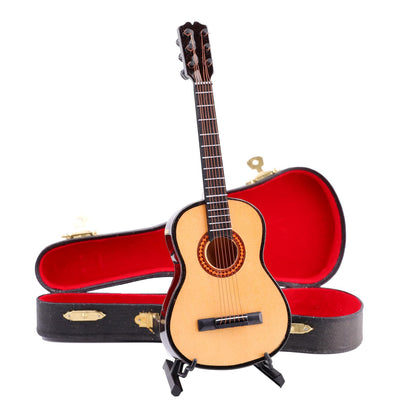 Dselvgvu Wooden Miniature Guitar with Stand and Case Mini Musical Instrument Guitar Replica Collectible Figurines Dollhouse Accessories Model Home Decoration Display Ornament (7.87"x2.87"x0.94")