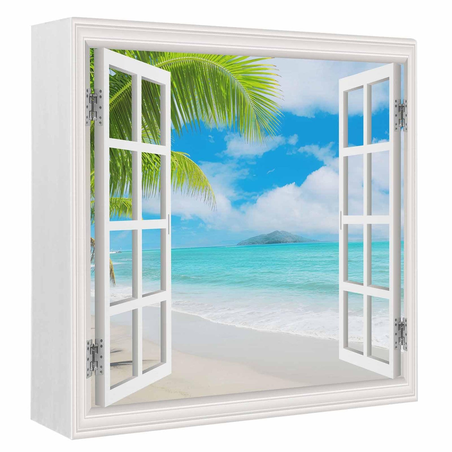 Blue Sky Beach Wood Box Sign Desk Decor, Coconut Trees Island Windows View Decorative Wooden Block Box Sign Decorations for Home Office Shelf Table Decor 6x6 Inches