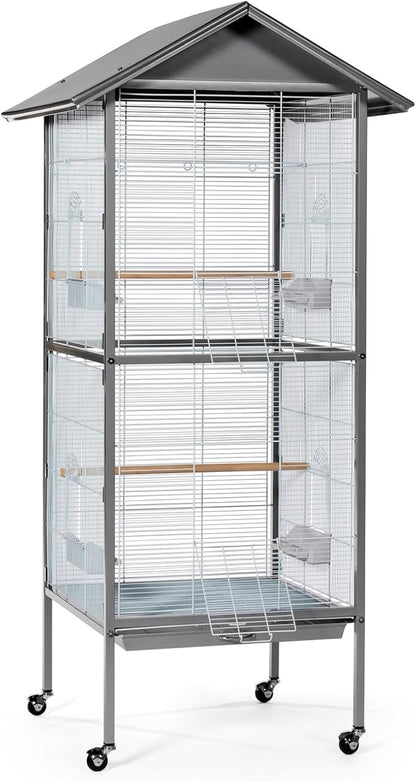 Prevue Pet Products Aviary Large Flight Cage - Powder‑Coated Standing Metal Bird Cage with Wheels, Perches, Feeders & Removable Tray, Ideal for Parakeets, Cockatiels, Canaries & Small Birds - Grey