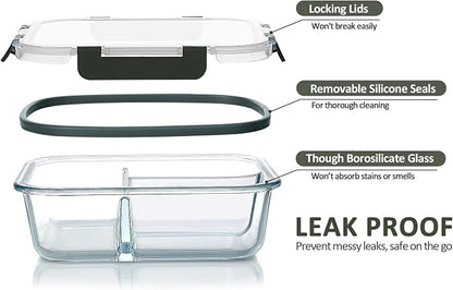 M MCIRCO [5-Pack, 36 oz] Glass Meal Prep Containers 3 Compartment with Lids, Glass Lunch Containers,Food Prep Lunch Box,Bento Box,Microwave, Oven, Freezer, Dishwasher (4.5 Cups)