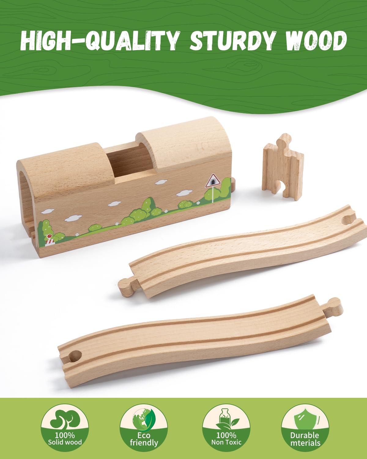Wooden Train Track Bridge & Tunnel Set, Railway Expansion Kit with Ascending & Descending Ramp Tracks, Compatible with Major Wooden Train Systems, for Kids Creative Play and Learning