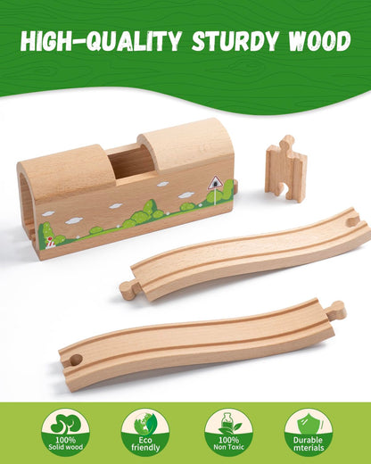 Wooden Train Track Bridge & Tunnel Set, Railway Expansion Kit with Ascending & Descending Ramp Tracks, Compatible with Major Wooden Train Systems, for Kids Creative Play and Learning