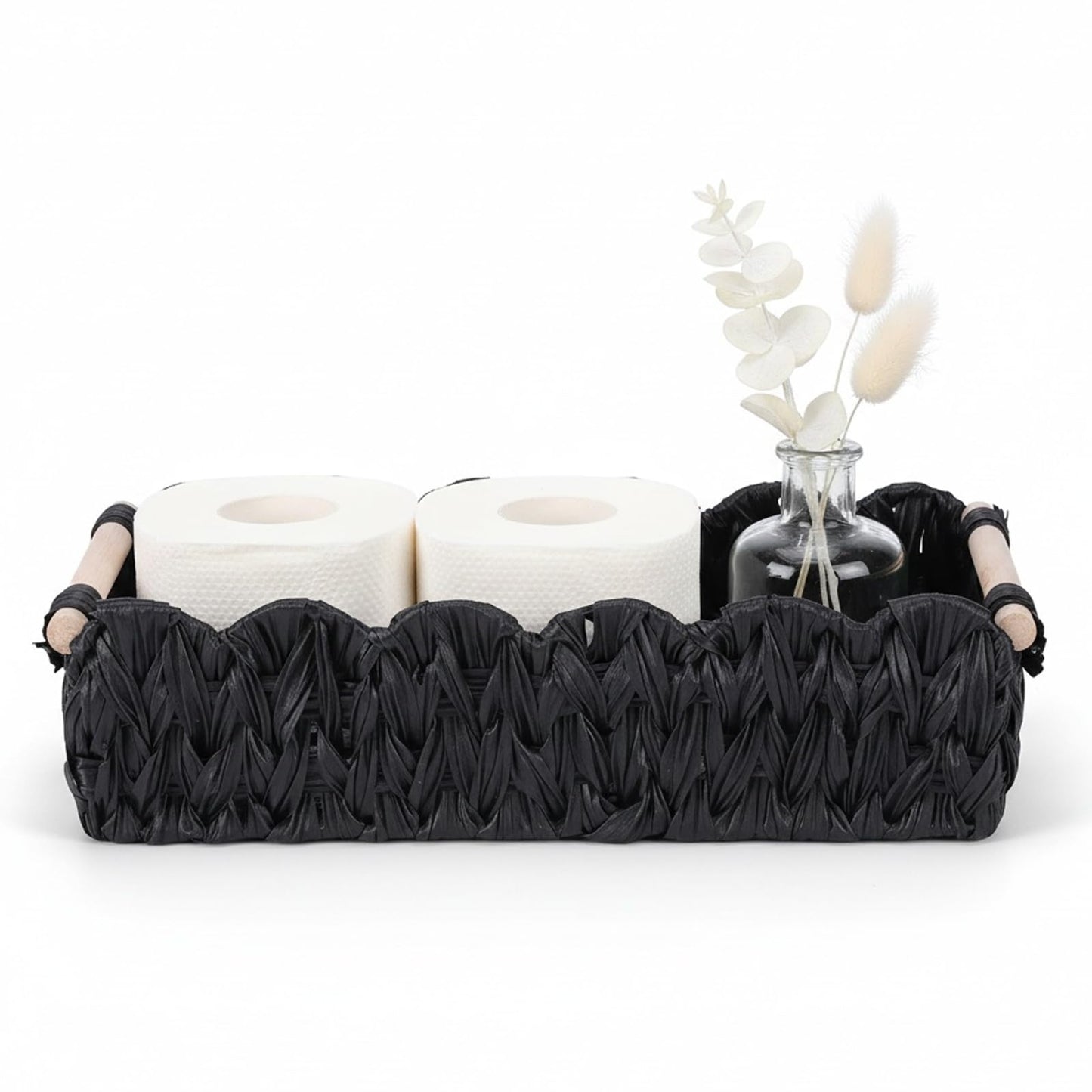 Duimbok Black Paper Rope Woven Basket, Scalloped Edge Toilet Paper Holder with Wooden Handles, Farmhouse Bathroom Storage for Over Toilet Shelf, End Table, Cozy Bedroom Decor