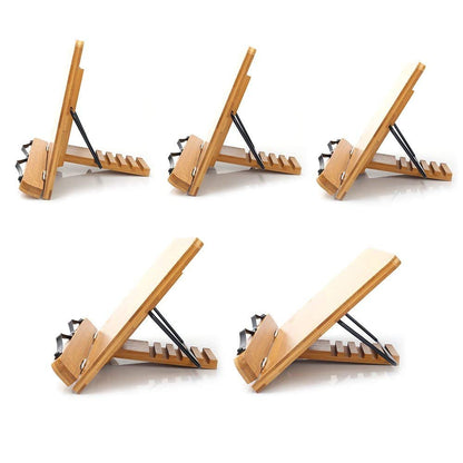 wishacc Bamboo Book Stand, Adjustable Book Holder Tray and Page Paper Clips-Cookbook Reading Desk Portable Stable Hard-Wearing Lightweight Bookstand-Textbooks Books