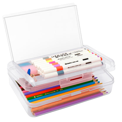 Nuozme Double Layer Large Capacity Pencil Box,Plastic Translucent Pencil Box, Hard Pencil Cases with Snap-Tight Lid for Pens, Pencils, School Supplies,Office Supplies,Medium-sized,1 Pack