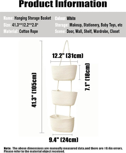 AARAINBOW Wall Hanging Cotton Baskets, Large 3 Tier Decorative Basket