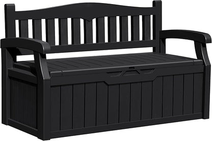 Greesum 80 Gallon Outdoor Storage Bench, Resin Patio Furniture with Armrest,Waterproof and UV-Resistant, Perfect to Garden, Poolside and Lawn, Black