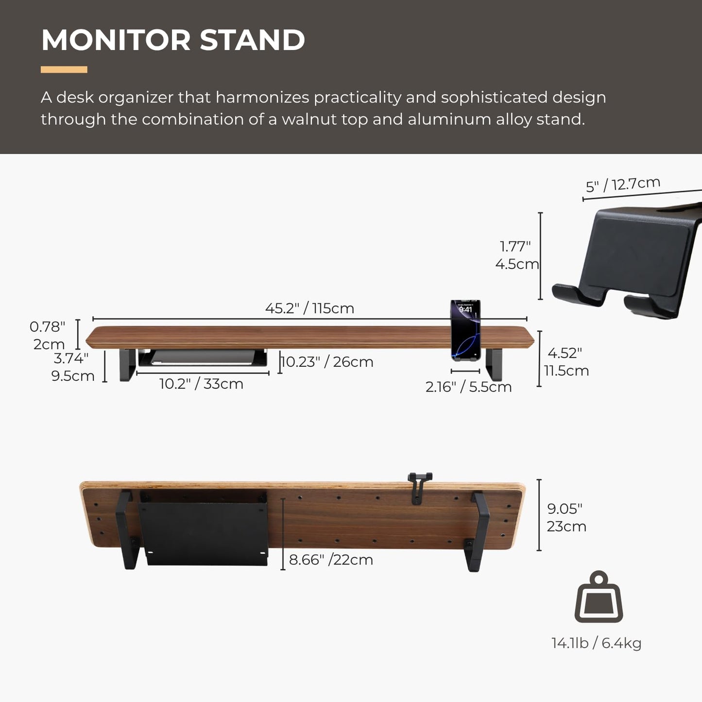 muso wood Dual Monitor Stand with Storage Shelf, 45 Inch Wooden Monitor Riser for 2 Monitors, Walnut Desk Shelf for Computer, Laptop, Screen, TV, Printer