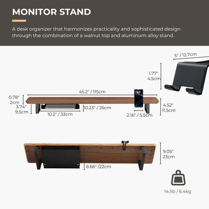 muso wood Dual Monitor Stand with Storage Shelf, 45 Inch Wooden Monitor Riser for 2 Monitors, Walnut Desk Shelf for Computer, Laptop, Screen, TV, Printer