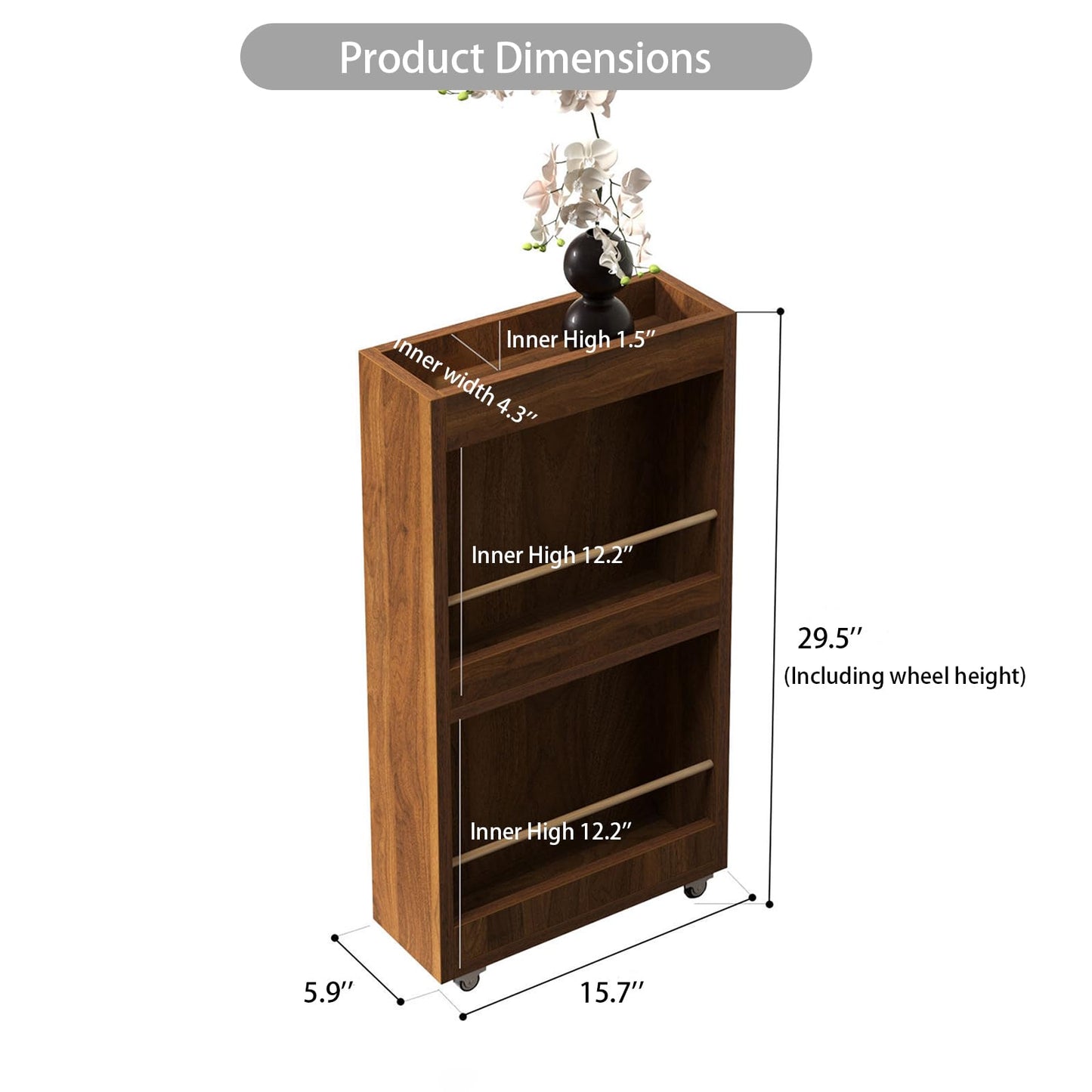 Movable Magazine Rack with Wheels, Wooden Vertical Display Organizer, Newspaper & Literature Holder, Multi-Purpose Storage Shelf for Office, Bedroom, Boutique, and Retail Black 15.7''*5.9''*29.5''