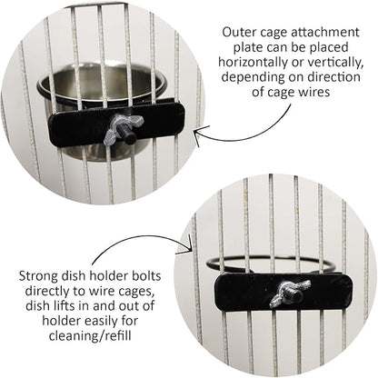 Stainless Steel Cup w/Holder - Durable Metal Mountable Food & Water Dish - Sugar Gliders, Hedgehogs, Chinchillas, Rats, Ferrets, Guinea Pigs, Rabbits, Squirrels, Birds (10 oz., Silver)