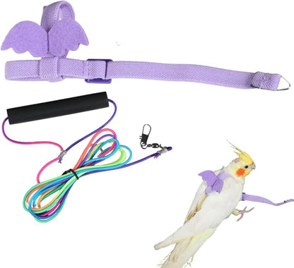 Pet Parrot Bird Harness and Leash, Adjustable Training Design Anti-Bite, Bird Nylon Rope with Cute Wing and Colorful Leash for Parrots Lovebird Cockatiel Conure Budgie (Purple with 157.4inch Leash,S)