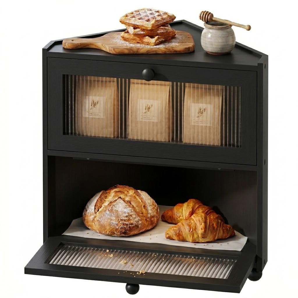 Plusinthebox Black Corner Bread Box,2 Tier Bamboo Bread Box for Kitchen Countertop,Wooden Bread Storage Container and Space-Saving Bread Keeper for Homemade Bread,Bagels and Rolls