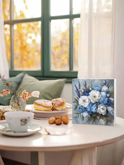 RisQiten Blue Spring Floral Home Room Office Decor Wooden Box Sign, Square Decorative Signs Plaques, Modern Art Flowers Pastoral Desk Decor Wood Block Plaque Shelf Table Decorations Gifts 6"x6"