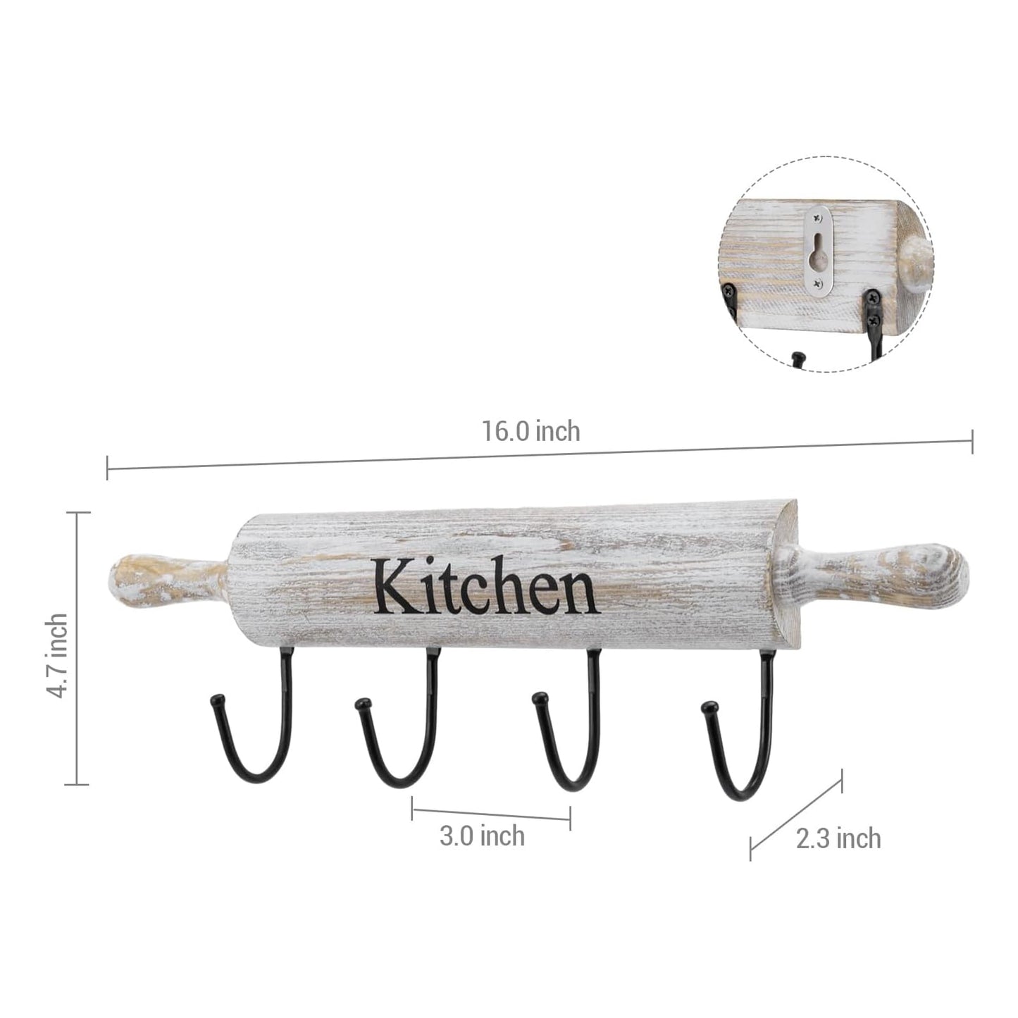 MyGift Wall Mounted Kitchen Utensil Rack, Rustic White Washed Wood Rolling Pin Cooking Tool Hanger with 4 Hooks for Aprons, Dish Towel, Mugs, Spoons