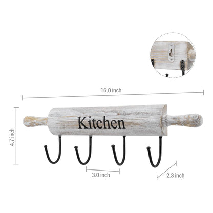 MyGift Wall Mounted Kitchen Utensil Rack, Rustic White Washed Wood Rolling Pin Cooking Tool Hanger with 4 Hooks for Aprons, Dish Towel, Mugs, Spoons
