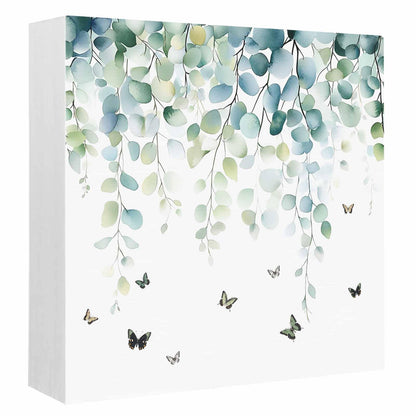 Wood Box Sign Desk Decor Sage Green Eucalyptus Leaves Butterfly Square Boxes Sign, Botanical Wooden Block Box Sign Decoration for Home Wall Tabletop Shelf Office Decor,6x6IN