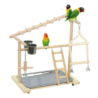 Ibnotuiy Parrot Playstand Bird Playground Birdcage Wood Perch Stand Ladder Swing with with Feeder Cups Birds Play Gym Cockatiel Playground Include Hanging Bell Swing Ladders