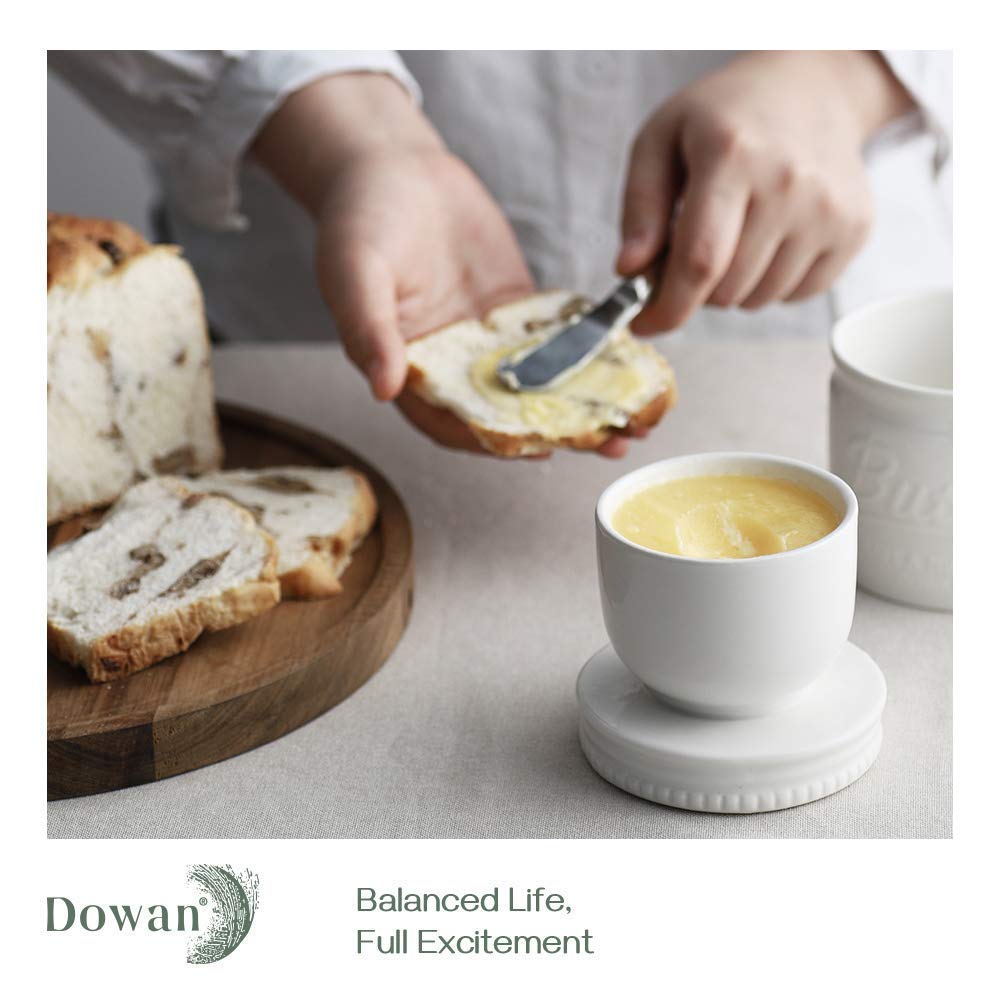 DOWAN Butter Dish, French Butter Crock With Lid for Spreadable Soft Butter, Porcelain Butter Keeper With Waterline for Counter, Embossed Butter Container Home Gift Kitchen Decor, Beige