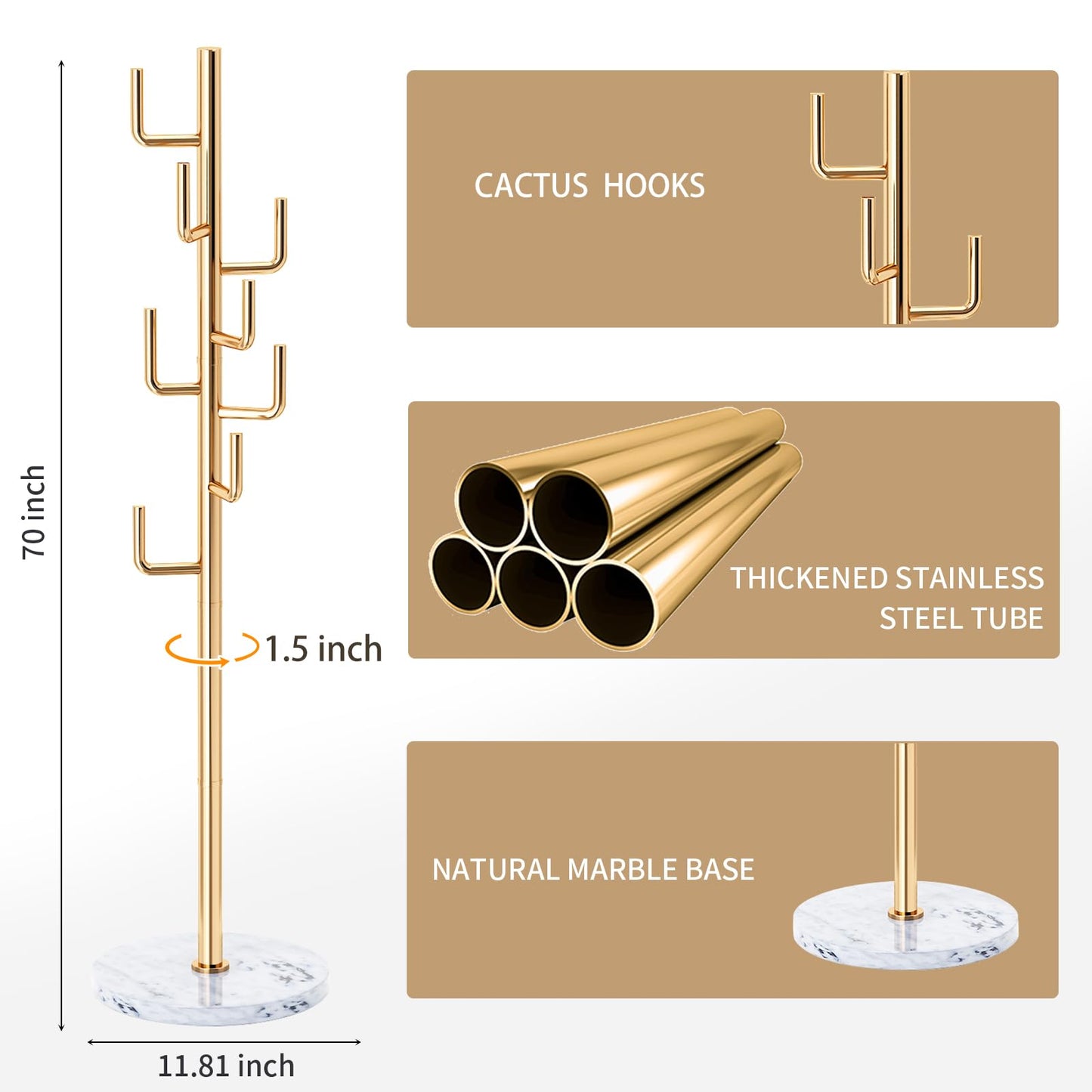 LOZABEE Modern Metal Coat Rack Stand with Natural Marble Base, Heavy Duty Coat Rack Freestanding with 8 Hooks, Golden Cactus Standing Coat Racks for Bag, Jacket, Entryway Office (Golden Cactus)
