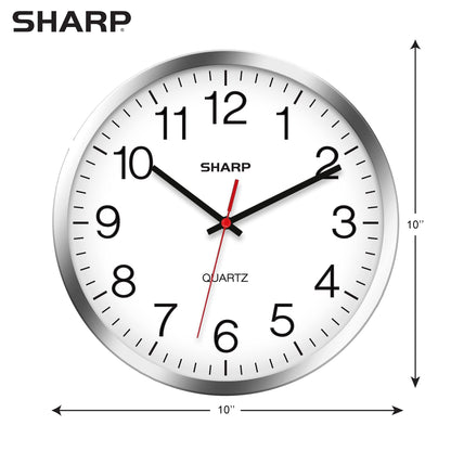 Sharp Wall Clock – Silver/Chrome, Silent Non Ticking 10 Inch Quality Quartz Battery Operated Round Easy to Read Home/Kitchen/Office/Classroom/School Clocks, Sweep Movement