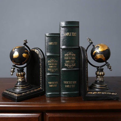 TimeStamp Decorative Bookends,Rustic Unique Globe Book Ends Stoppers Holder Nonskid for Home Shelves,Polyresin,4.5 x 5 x 8 Inches,(Set of 2)