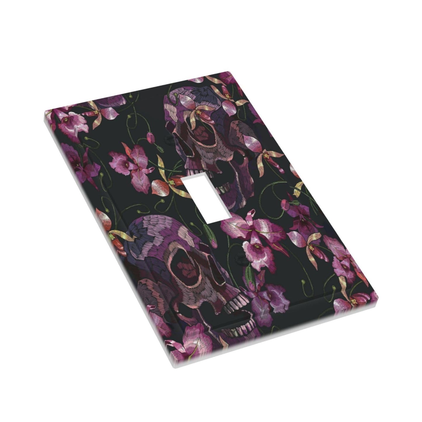Gothic Purple Skull 1 Gang Light Switch Plate Single Toggle Wall Plate Cover Electrical Switchplate Faceplate Spooky Skeleton Goth Retro Flower Floral Halloween Plant Leaves Botanical Scary Room Decor