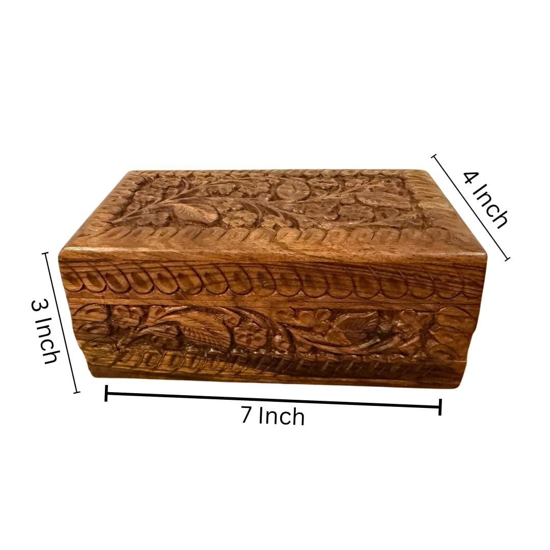 Handcrafted Wooden Jewelry Box – Floral Carvings, Secret Child-Resistant Lock, 7" Tabletop Trinket Holder – Ideal Valentine's Gift for Earrings, Rings, Necklaces, and Keepsakes