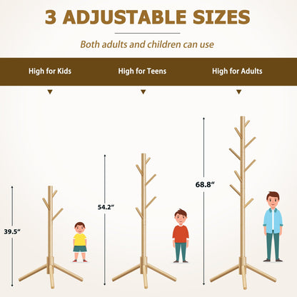 Azaeahom Coat Rack, Coat Racks Freestanding with 8 Hooks 3 Adjustable Heights for Clothes, Hats, Handbags, Coat Tree Easy Assembly for Entryway, Bedroom, Hallway, Office(Nature 2PCS)