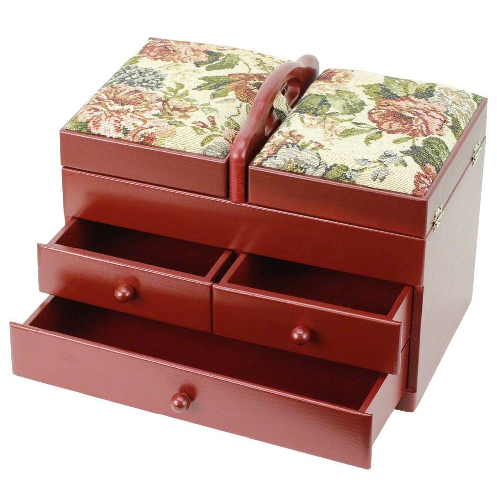 Classic Expanding Wood Sewing Box Basket Storage Caddy with tapestry padded lid, 2x3 Tiers with Easy Carrying Handle, Red