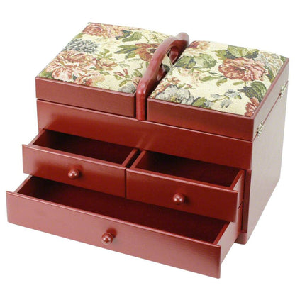 Classic Expanding Wood Sewing Box Basket Storage Caddy with tapestry padded lid, 2x3 Tiers with Easy Carrying Handle, Red