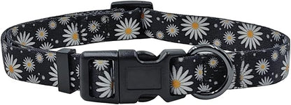Dog Collar Leash Set, Floral Pattern, Polyester Material, Adjustable Collar and 5ft Matching Leash, for Small Dogs.(S, Black Daisy)