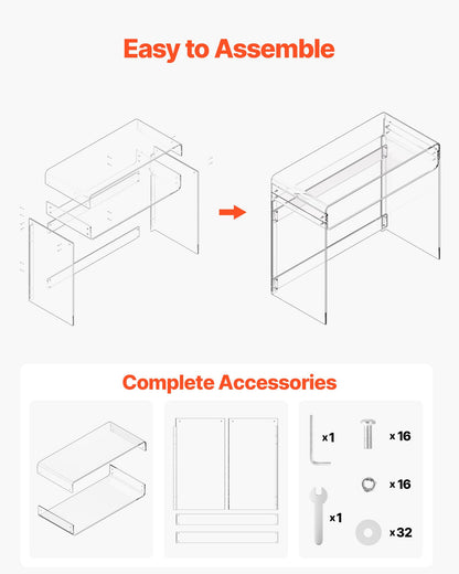 VEVOR Acrylic Desk, Clear Laptop Study Desk with Storage Shelf, Modern Transparent Console Table for Home Office, Living Room, Bedroom, Entryway, 33.5" W x 15.7" D x 29.5" H