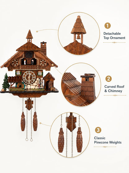 Cuckoopro Cuckoo Clock, Black Forest Style Wooden Pendulum Quartz Wall Clock, Volume Control, Night Silent, Gift Package, Professional Service