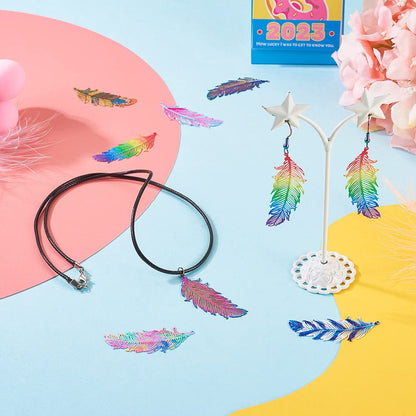 FASHEWELRY 48Pcs Stainless Steel Rainbow Feather Charms Metal Wings Earring Connector Charms Filigree Metal Embellishments for Jewelry Making DIY Bracelet Necklace