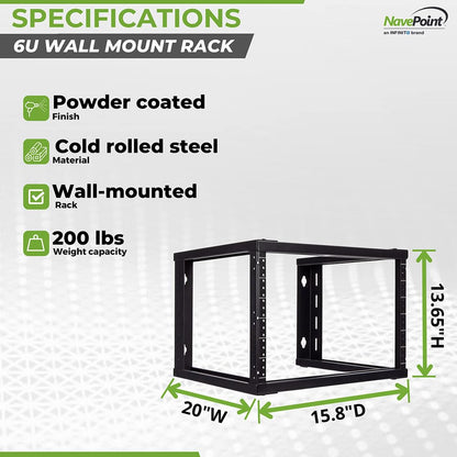 NavePoint 6U Wall Mount Open Frame 19 Inch Server Equipment Rack Threaded 16 inch Depth Black